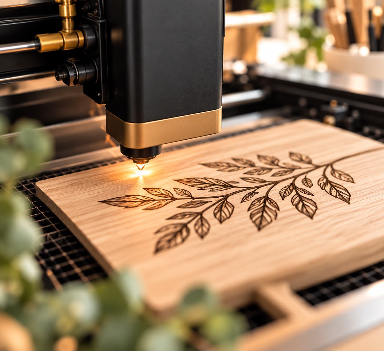 A laser engraving a botanical design into natural wood
