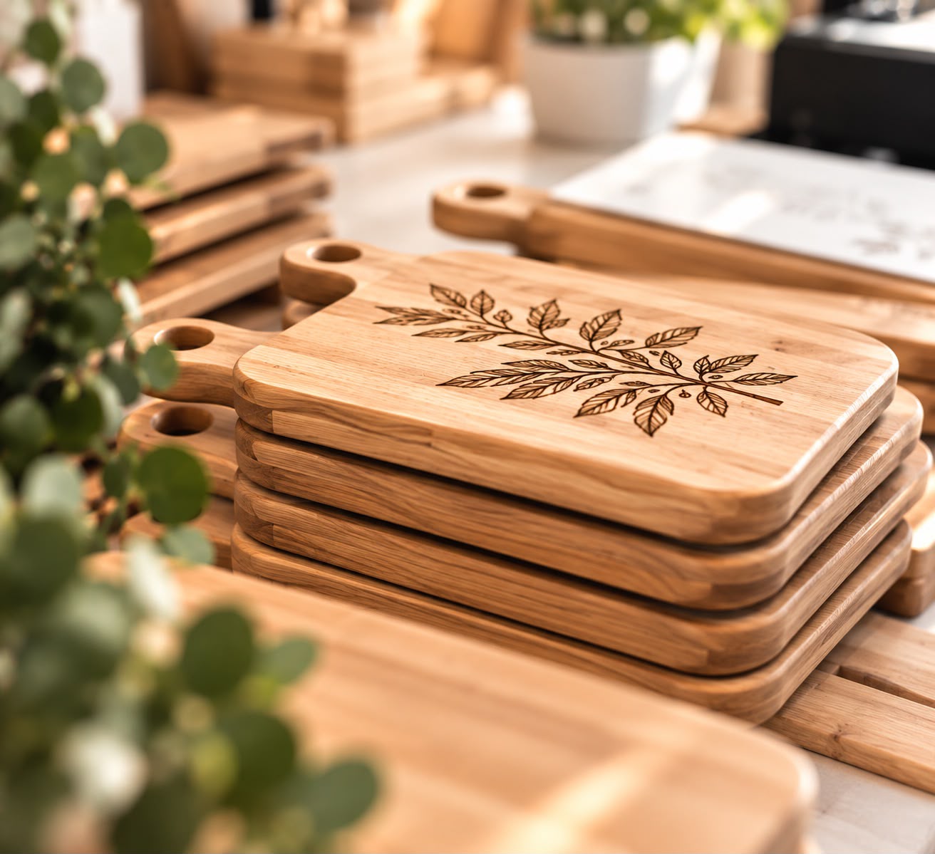Botanical engraving on natural wooden boards in the studio